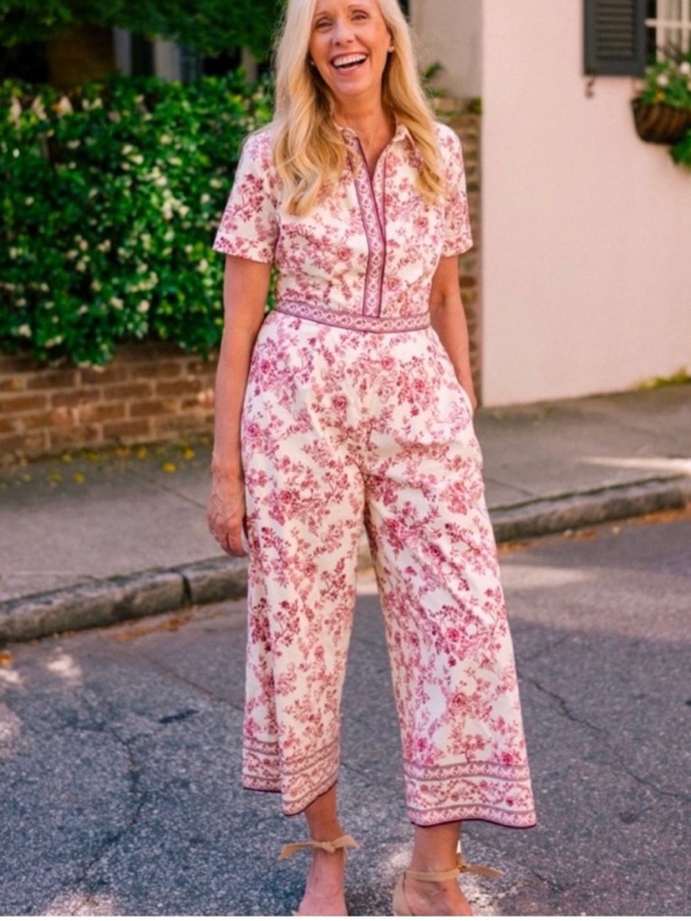 Gal Meets Glam Cream and Red Floral Short-Sleeve Jumpsuit